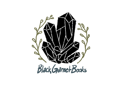 Black garnet surrounded by green branches and words Black Garnet Books