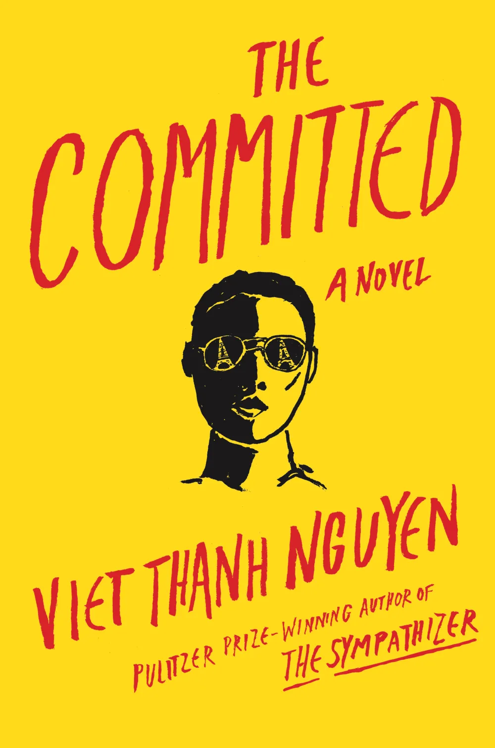 Book cover yellow with red text showing a black and white sketch of a man's face