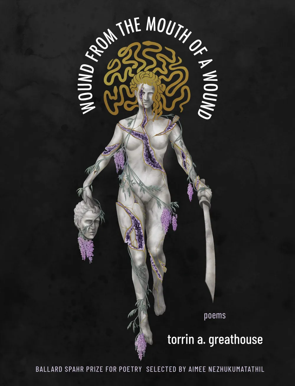 Cover of poetry collection showing Medusa holding a sword in one hand and a head in the other