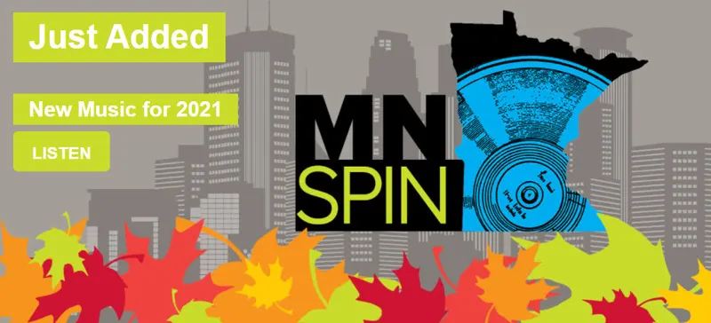Ad for new albums added to MNspin with MNspin logo and fall leaves