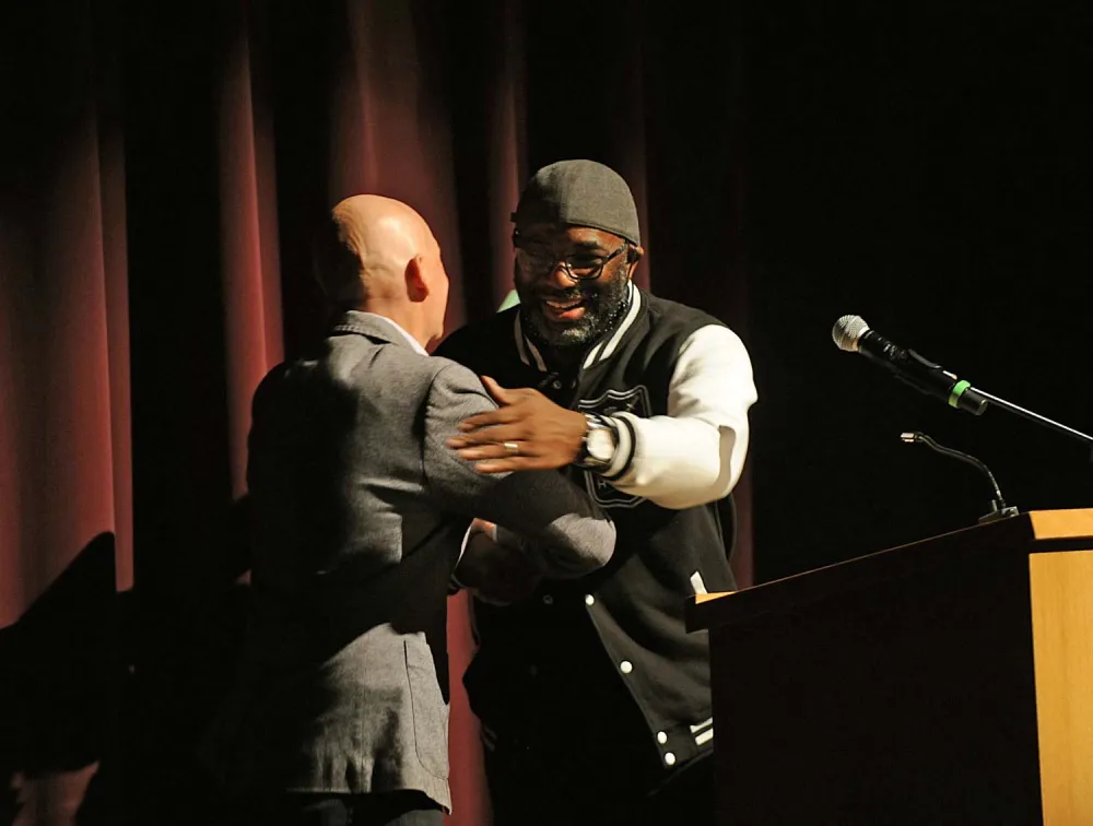 Anthony Doerr at Pen Pals stage welcomed by FHCL Board Director Mohammed Lawal 