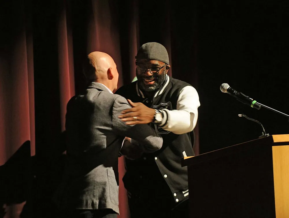 Anthony Doerr at Pen Pals stage welcomed by FHCL Board Director Mohammed Lawal