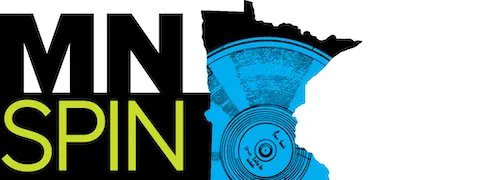 Text reads "MnSpin" beside the shape of Minnesota filled with the image of with a vinyl record.