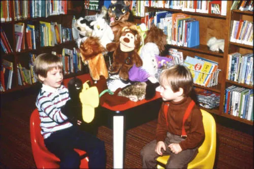 Puppets in the children’s area at Rockford Road Library, 1980s