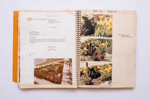Lee Garden Scrapbook with photos of flower beds, dog and letter from University of Minnesota