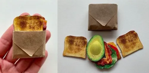 Karen Kinoshita's "Sandwich Book," a miniature book that looks like a sandwich in brown wrapping.