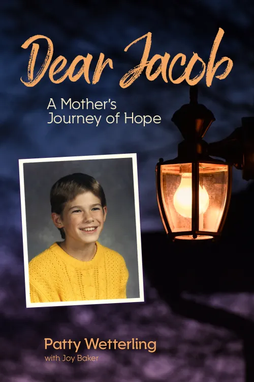 Cover of Dear Jacob, including a street lantern and photograph of Jacob Wetterling.