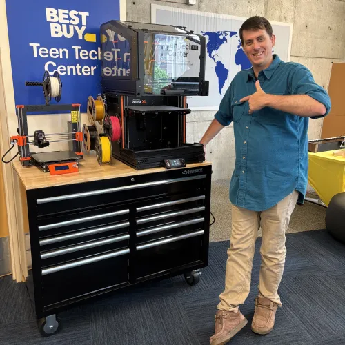 Zach with a 3D printer in the Best Buy Teen Tech Center
