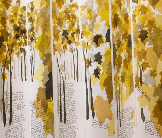 Detail of eleven 22 x 4.5 inch panels illustrated with printed with trees and insect fairies 