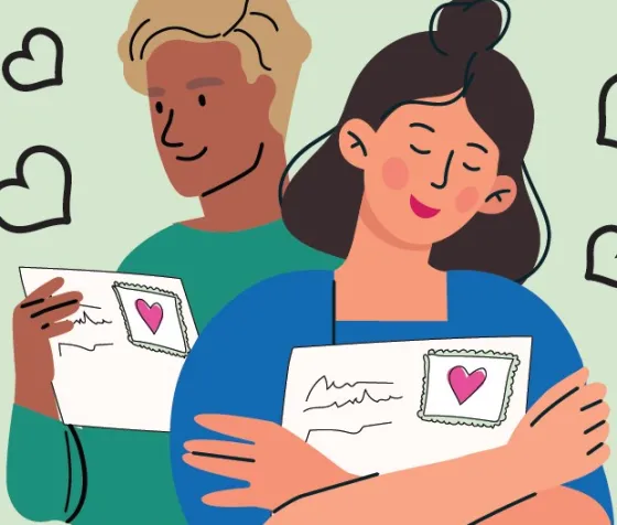 people hugging mail with hearts flying around