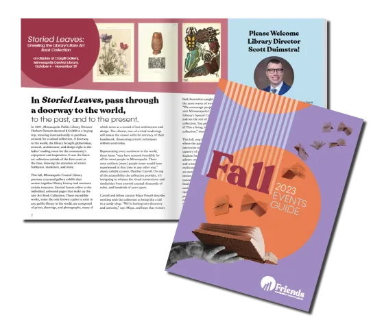 Events guide cover featuring a hand holding an open book, collage of books flying on purple background with two large orange circles