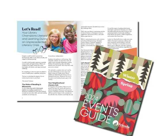 The cover and an open page of the Friends of HCL winter/spring Events Guide.