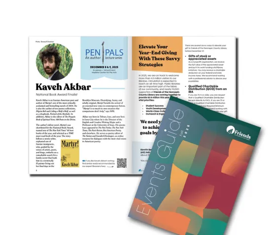 Events guide cover with colorful abstract pages of open books