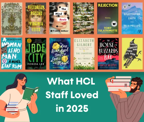 A grid of book covers above two readers on a green background