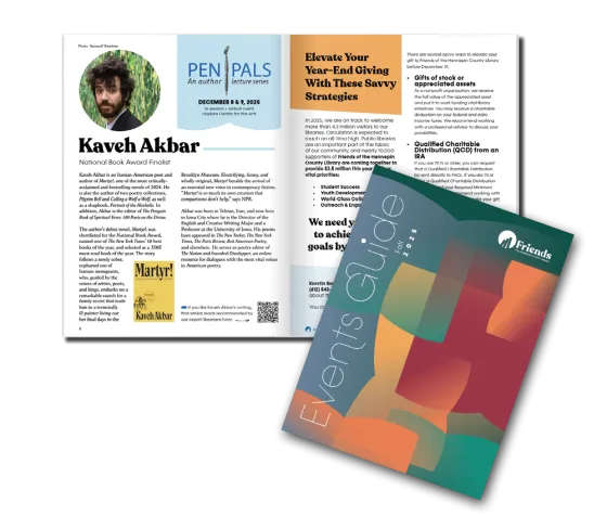 Events guide cover with colorful abstract pages of open books