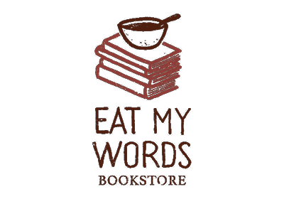 Eat My Words Books logo with a bowl sitting on top of a stack of books graphic