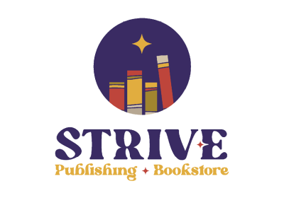 Strive bookstore logo with stack of books and gold star