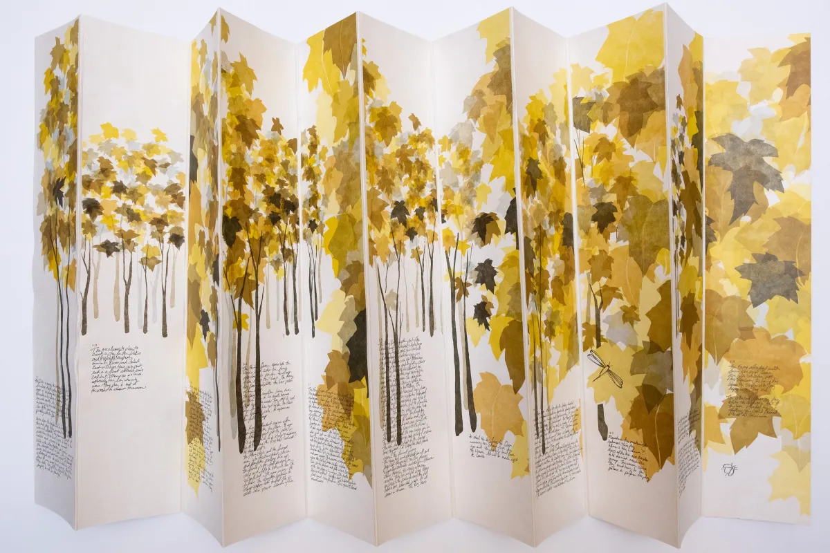 Detail of eleven 22 x 4.5 inch panels illustrated with printed with trees and insect fairies