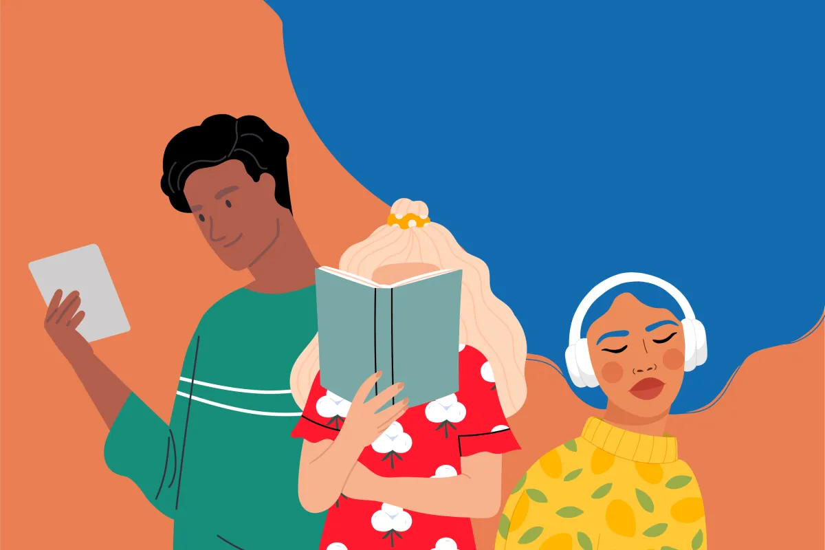 Illustration of diverse group of people reading books in paper, audio and electronic formats
