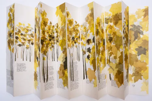 Detail of eleven 22 x 4.5 inch panels illustrated with printed with trees and insect fairies