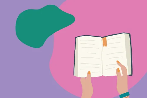 Illustration of hands holding an open book on a purple and pink background
