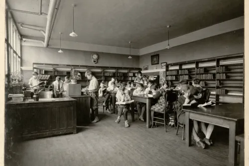 Children in the Bremer School branch library station, 1920s