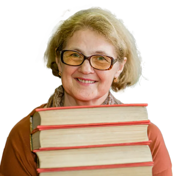 woman carrying stack of books