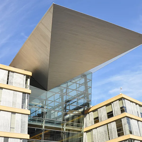 Approach the library on Hennepin Avenue and 4th street, and be greeted by a remarkable structure covered in bright windows and including a central “wing” taking flight.