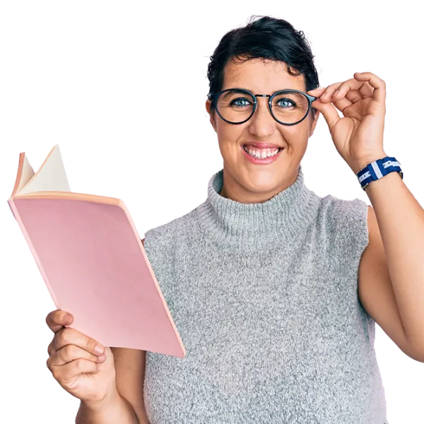 brunette woman reading a book wearing glasses smiling with a happy and cool smile 