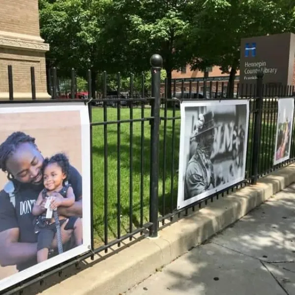 Photo installation at the exterior of Franklin Library
